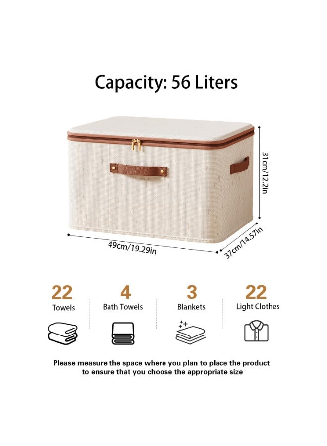 LODROC 3 Pcs Storage Bins with Zipper Lid, Cotton Linen Fabric Storage Boxes, Foldable Shelves Clothes Storage Cubes with Handles for Wardrobe, Closet(Beige, 56L) - Image 2